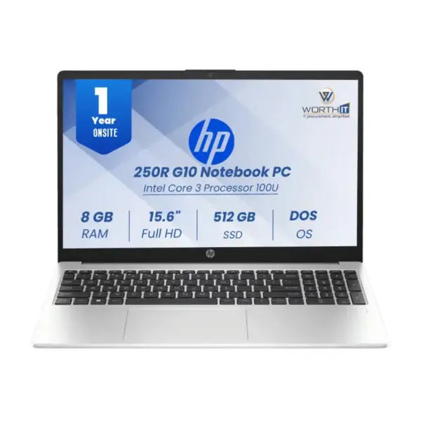 لابتوب HP 250R G10 – معالج Intel Core 3-100U، ذاكرة 8GB، تخزين 512GB SSD، شاشة 15.6 بوصة (فضي Turbo Silver، بدون نظام)